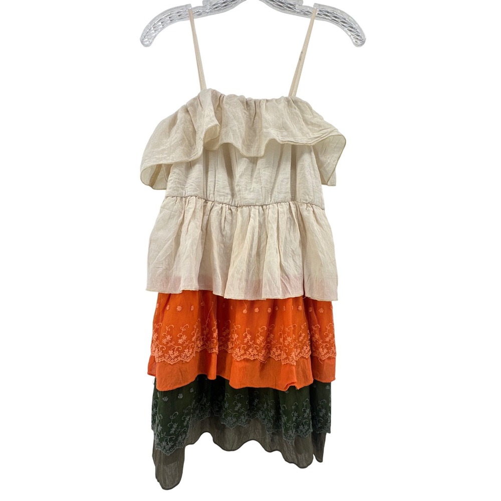 The Clothing Co Tiered Boho Mini Dress Orange Green Cream Floral Embroidered M